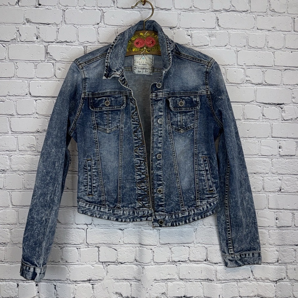 ANGEL KISS Los Angeles Denim Blue Jean Trucker Jacket Distressed Wash, Size XS
